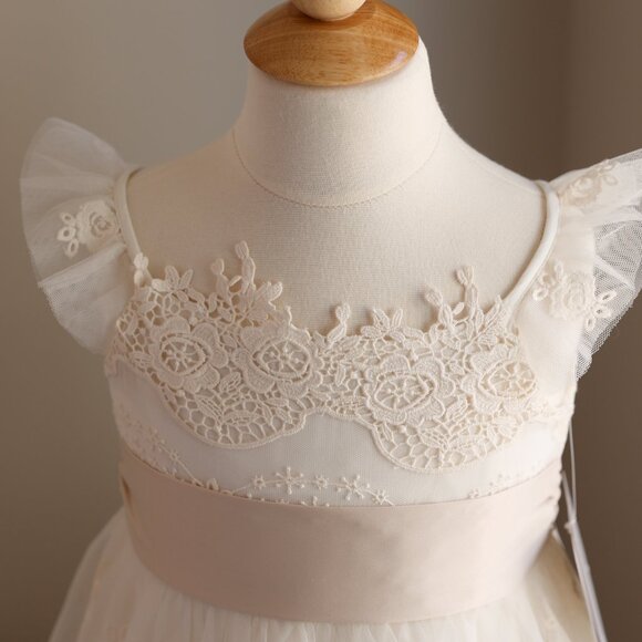Stunning Ivory Flower Girl Embroidered Lace Tulle Dress Champagne Sash NWT - Picture 5 of 9